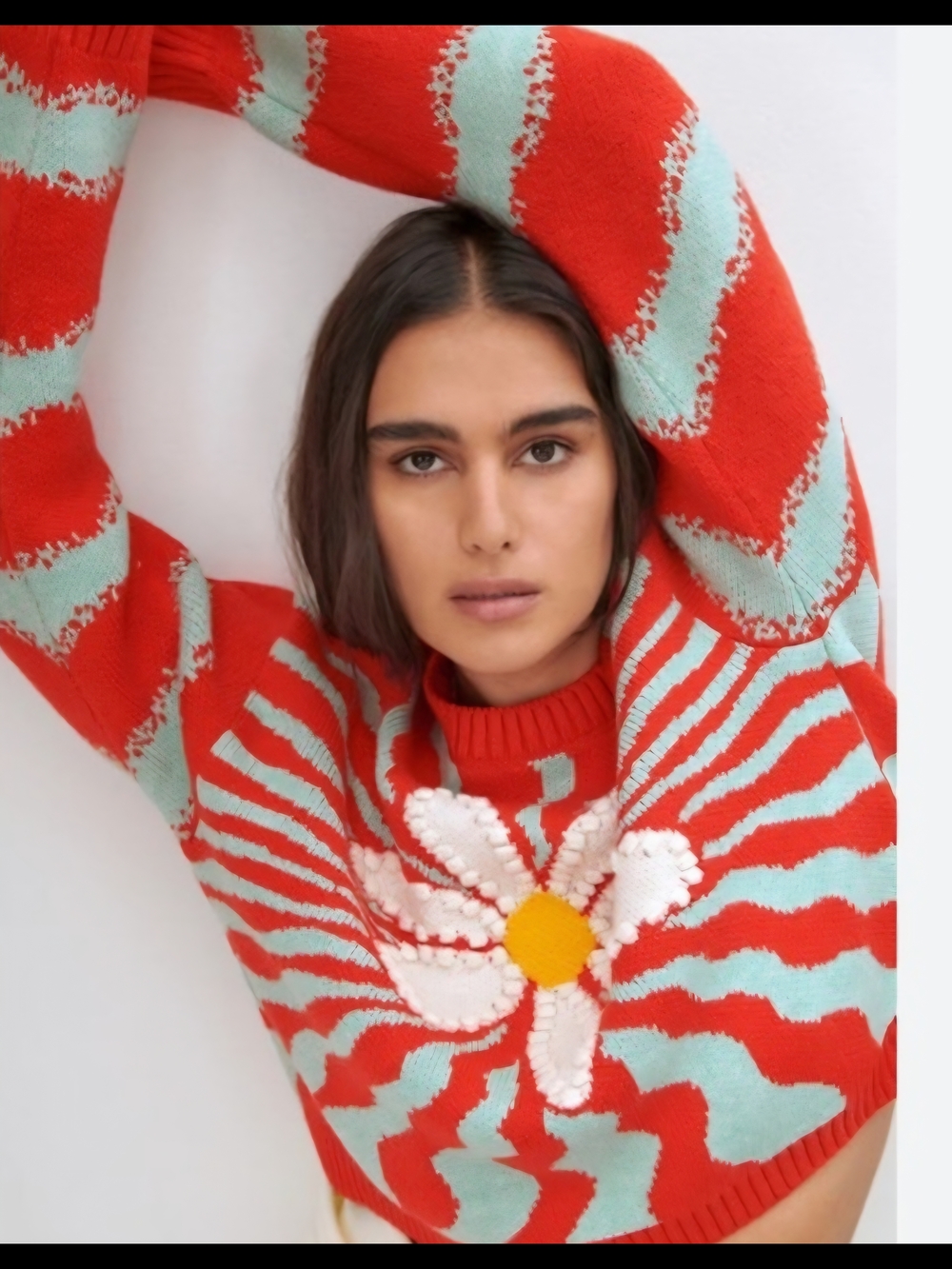 Zara Red, Light Blue and White Floral Crewneck Sweater